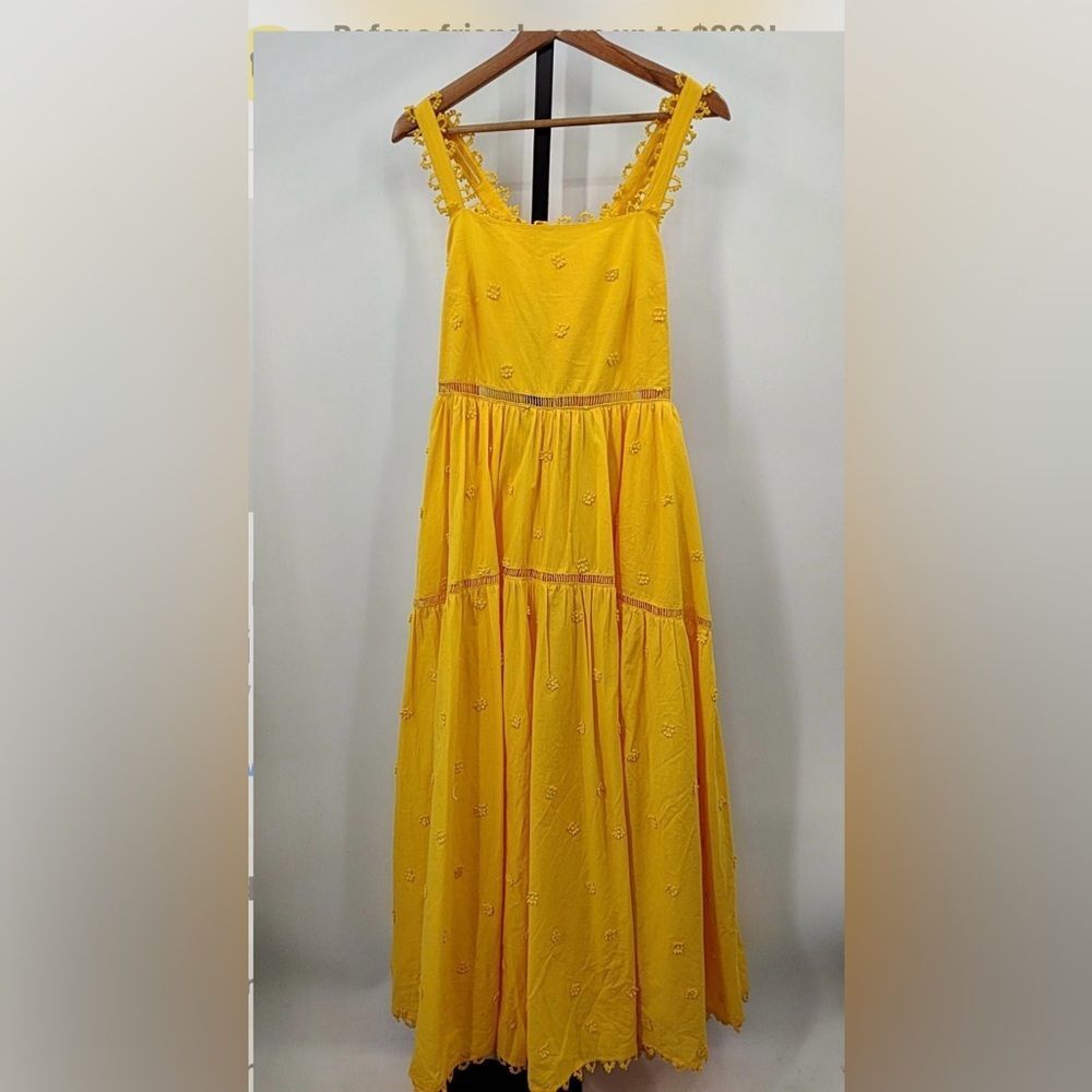 Farm Rio Yellow 3D Flowers Cotton Maxi Dress Crochet Embroidery Size M - Picture 11 of 13